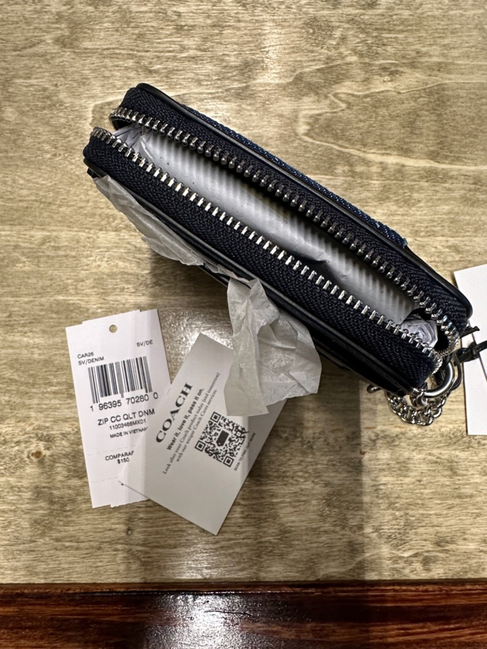 Coach Navy Quilted Denim Card Holder with Chain - Picture 4 of 4